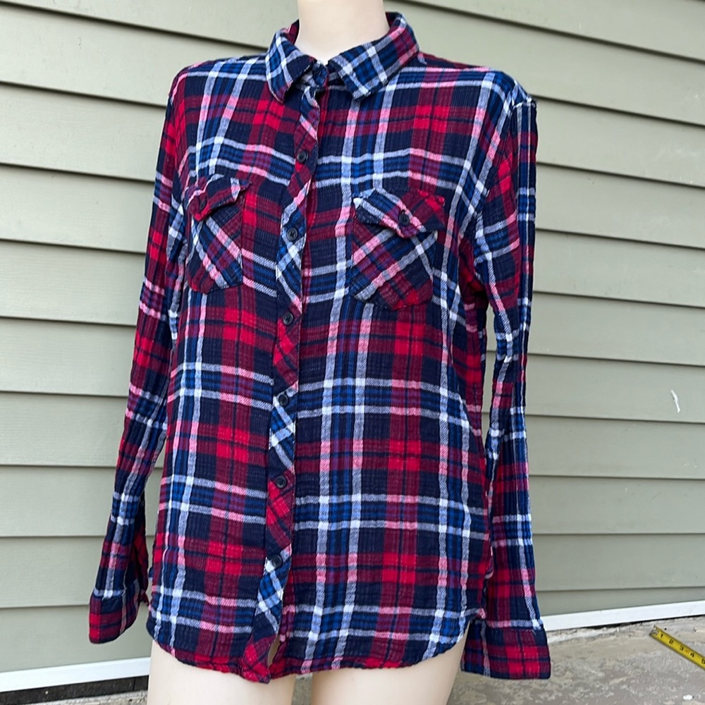 EUC plaid beach lunch lounge collection long sleeve cotton top - Picture 1 of 14
